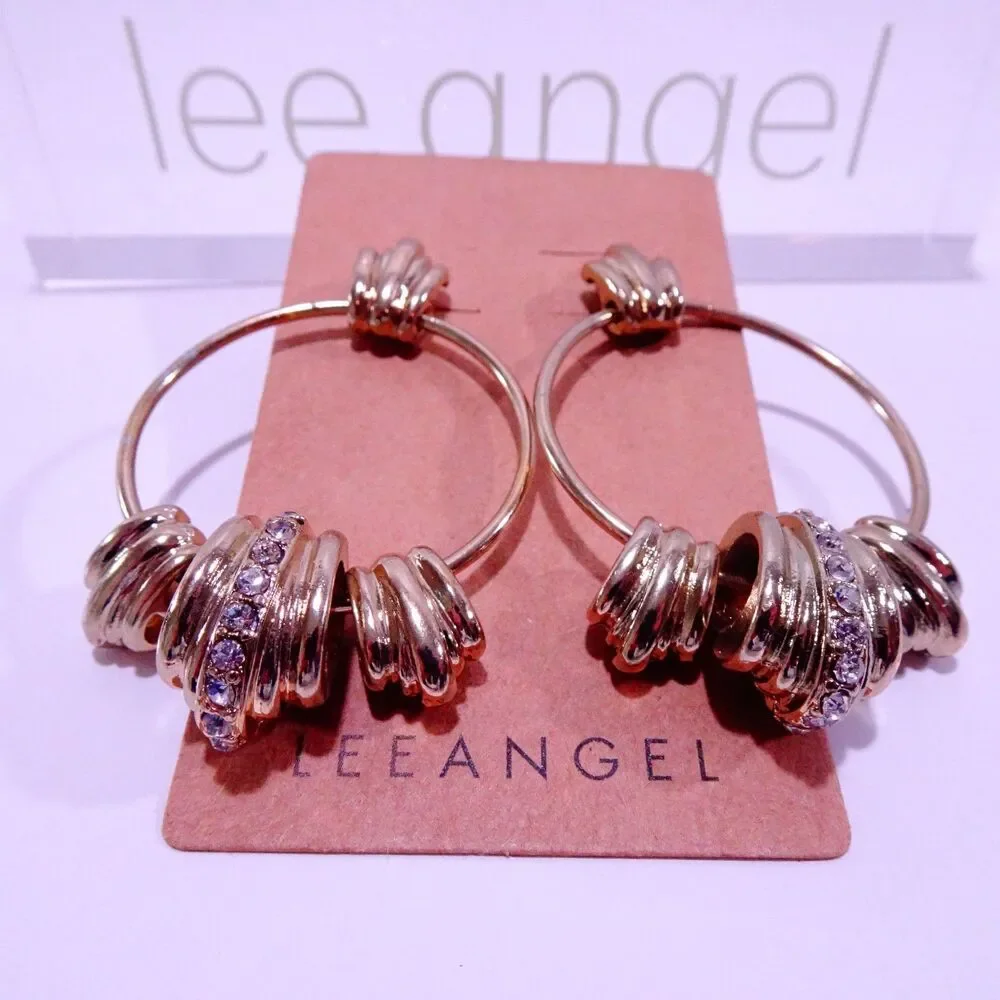 Neiman Marcus Lee Angel  Women's Gold Pave Multi Ring Hoop Earrings NWT 98